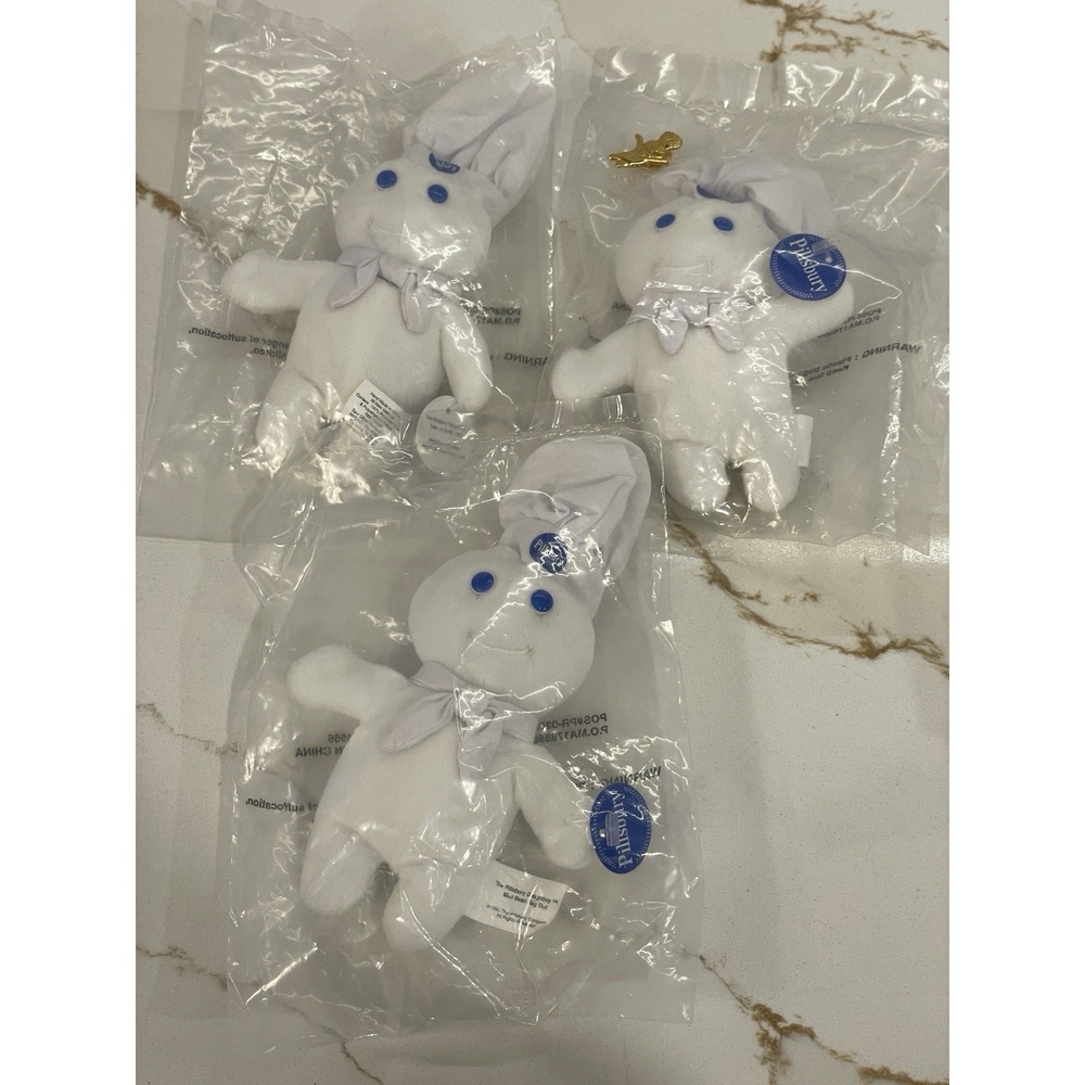 Vintage Pillsbury Doughboy Mini Plush Toy New Lot of 3 + Metal Goldtone Pin‎